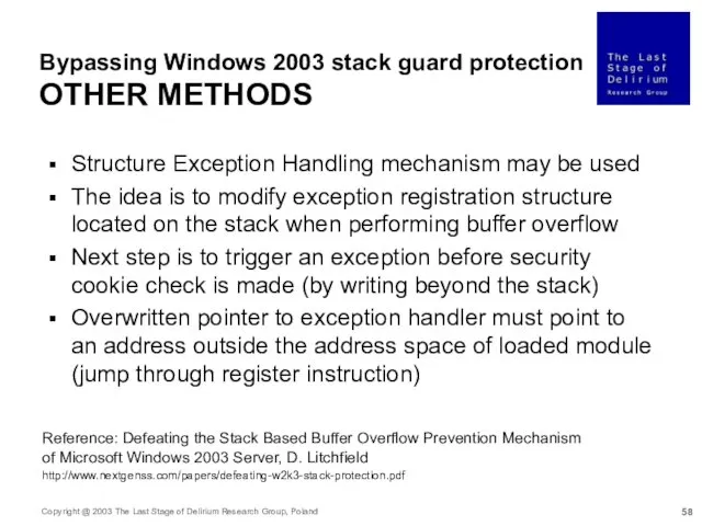 Bypassing Windows 2003 stack guard protection OTHER METHODS Structure Exception