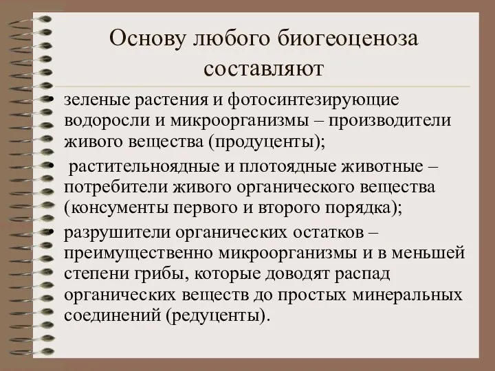 Основу любого биогеоценоза составляют зеленые растения и фотосинтезирующие водоросли и