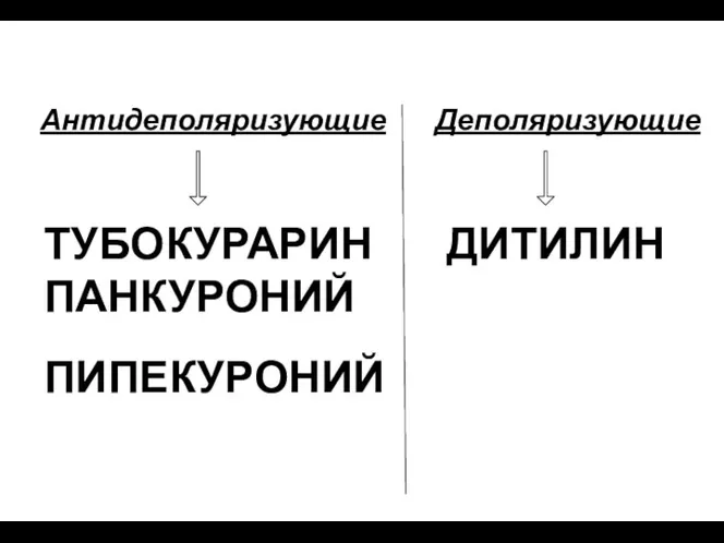 Антидеполяризующие Деполяризующие ТУБОКУРАРИН ДИТИЛИН ПАНКУРОНИЙ ПИПЕКУРОНИЙ