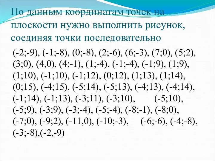 По данным координатам точек на плоскости нужно выполнить рисунок, соединяя