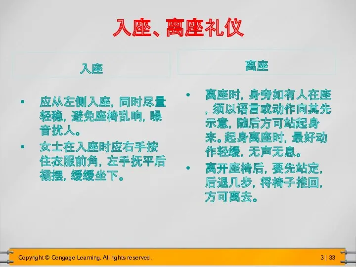 入座、离座礼仪 应从左侧入座，同时尽量轻稳，避免座椅乱响，噪音扰人。 女士在入座时应右手按住衣服前角，左手抚平后裙摆，缓缓坐下。 离座时，身旁如有人在座，须以语言或动作向其先示意，随后方可站起身来。起身离座时，最好动作轻缓，无声无息。 离开座椅后，要先站定，后退几步，将椅子推回，方可离去。 入座 离座