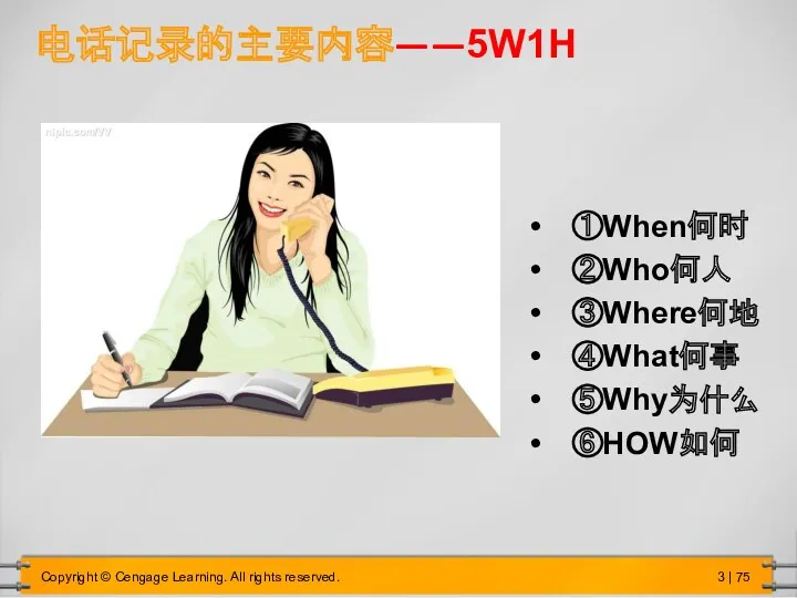 ①When何时 ②Who何人 ③Where何地 ④What何事 ⑤Why为什么 ⑥HOW如何 电话记录的主要内容——5W1H