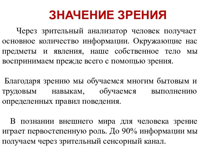 Через зрительный анализатор человек получает основное количество информации. Окружающие нас