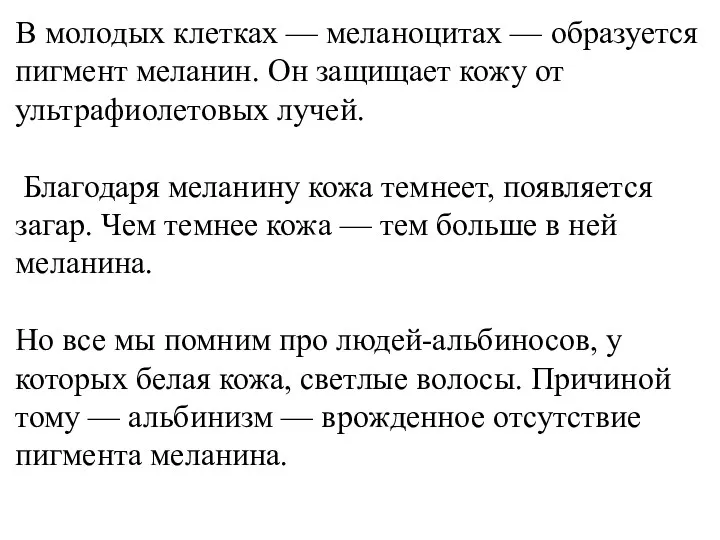 В молодых клетках — меланоцитах — образуется пигмент меланин. Он