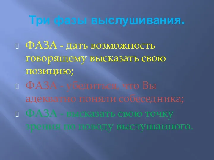 Три фазы выслушивания. ФАЗА - дать возможность говорящему высказать свою