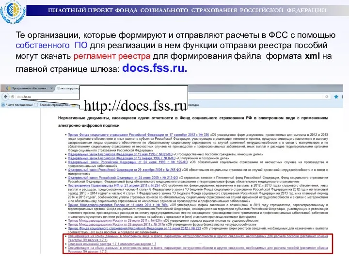 ПИЛОТНЫЙ ПРОЕКТ ФОНДА СОЦИАЛЬНОГО СТРАХОВАНИЯ РОССИЙСКОЙ ФЕДЕРАЦИИ http://docs.fss.ru Те организации, которые формируют и