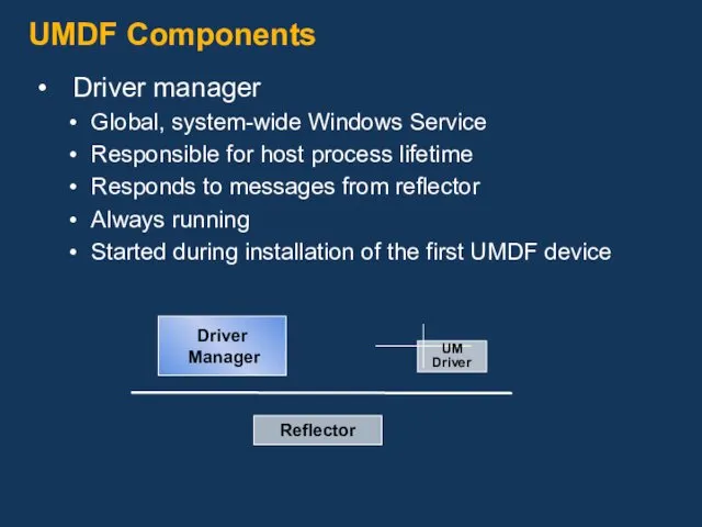 UMDF Components Driver manager Global, system-wide Windows Service Responsible for host process lifetime