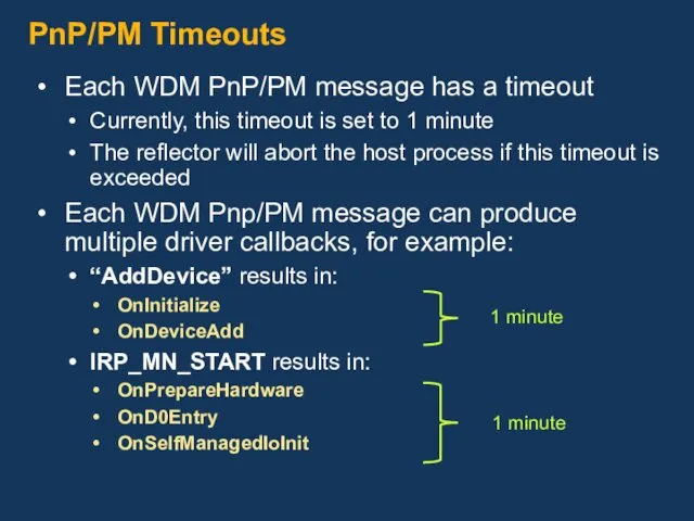 PnP/PM Timeouts Each WDM PnP/PM message has a timeout Currently, this timeout is