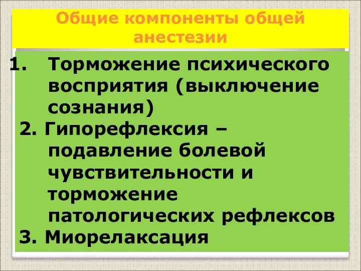 Общие компоненты общей анестезии Торможение психического восприятия (выключение сознания) 2.