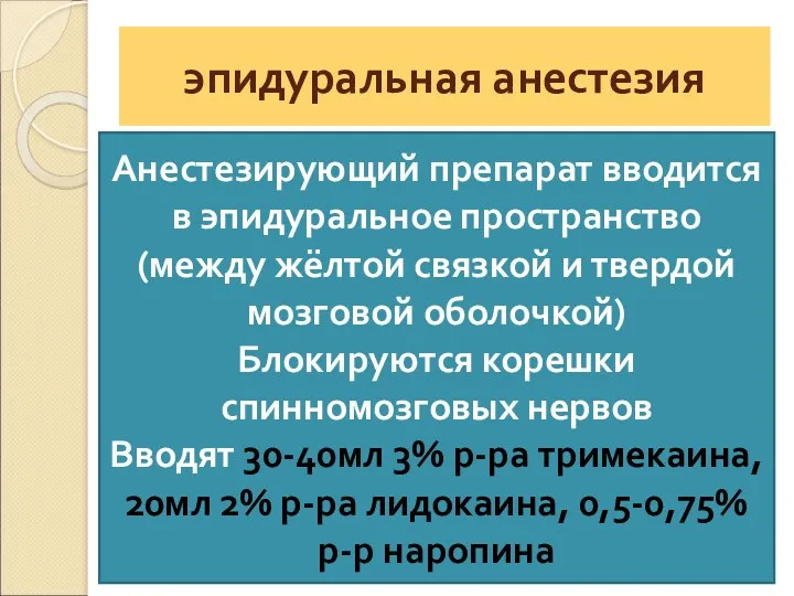 эпидуральная анестезия Анестезирующий препарат вводится в эпидуральное пространство (между жёлтой