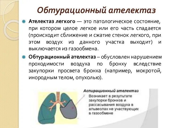 Обтурационный ателектаз Ателектаз легкого — это патологическое состояние, при котором целое легкое или