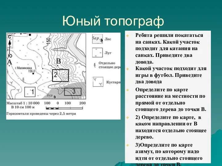 Юный топограф Ребята решили покататься на санках. Какой участок подходит