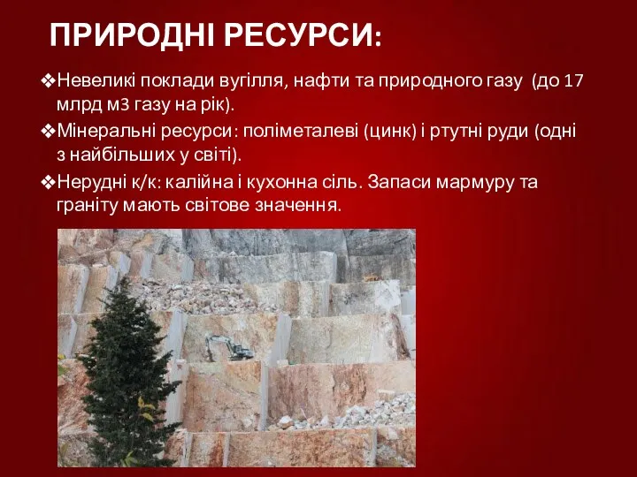 ПРИРОДНІ РЕСУРСИ: Невеликі поклади вугілля, нафти та природного газу (до