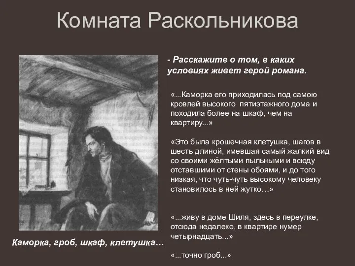 Комната Раскольникова «...Каморка его приходилась под самою кровлей высокого пятиэтажного