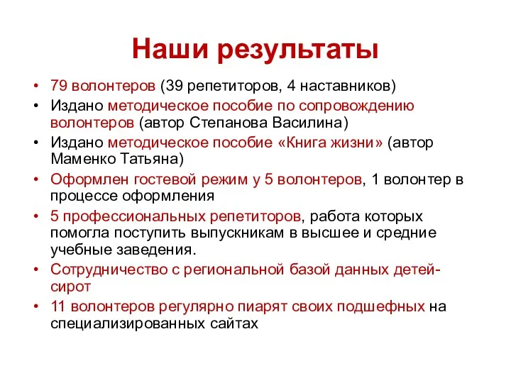 Наши результаты 79 волонтеров (39 репетиторов, 4 наставников) Издано методическое