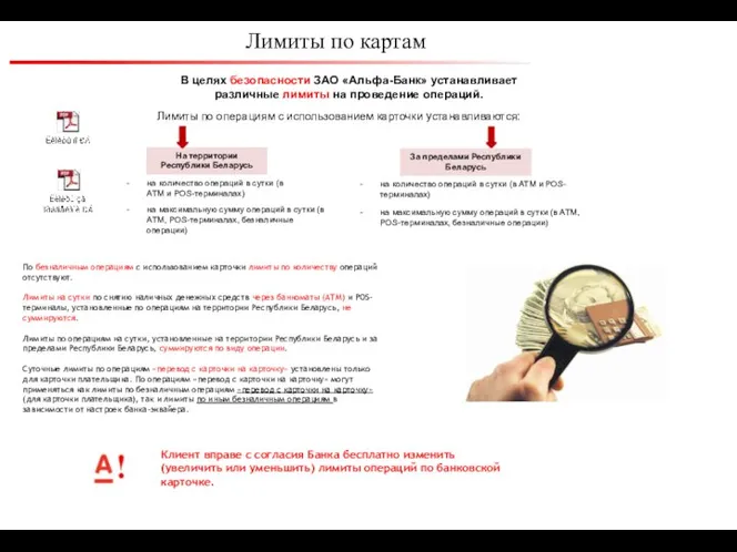 Лимиты по картам В целях безопасности ЗАО «Альфа-Банк» устанавливает различные