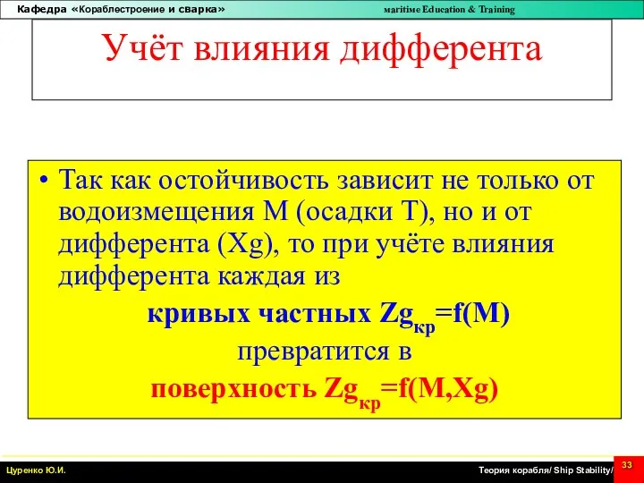 Учёт влияния дифферента Так как остойчивость зависит не только от