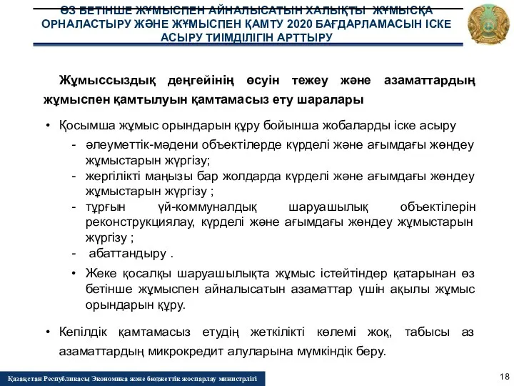 ӨЗ БЕТІНШЕ ЖҰМЫСПЕН АЙНАЛЫСАТЫН ХАЛЫҚТЫ ЖҰМЫСҚА ОРНАЛАСТЫРУ ЖӘНЕ ЖҰМЫСПЕН ҚАМТУ