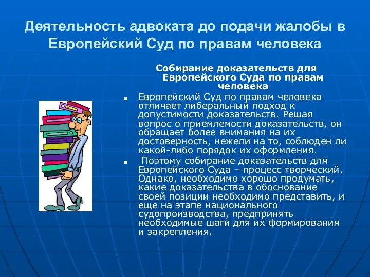 Деятельность адвоката до подачи жалобы в Европейский Суд по правам человека Собирание доказательств