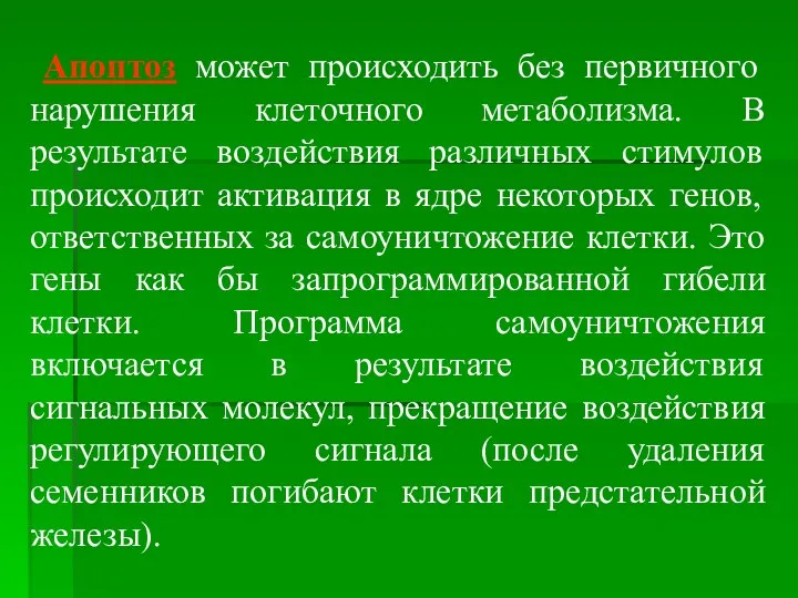 Апоптоз может происходить без первичного нарушения клеточного метаболизма. В результате