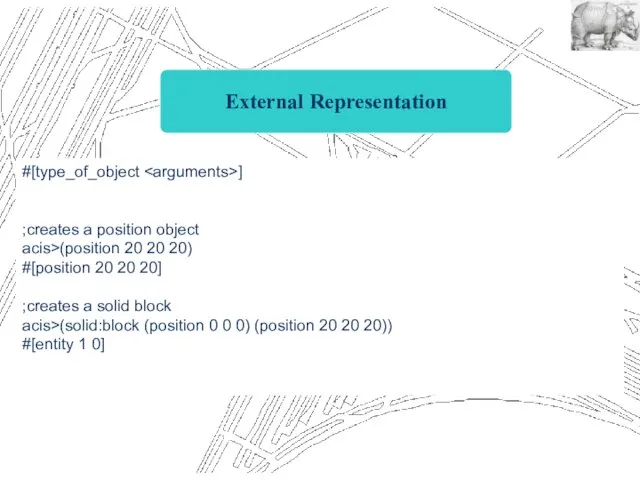 External Representation #[type_of_object ] ;creates a position object acis>(position 20 20 20) #[position
