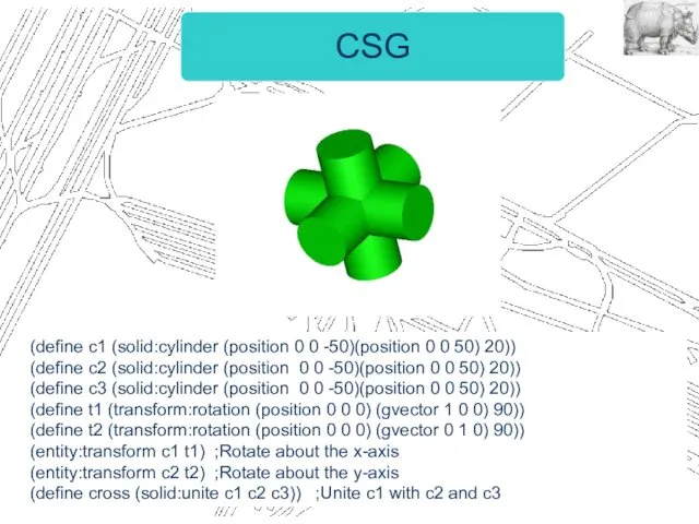 CSG (define c1 (solid:cylinder (position 0 0 -50)(position 0 0 50) 20)) (define