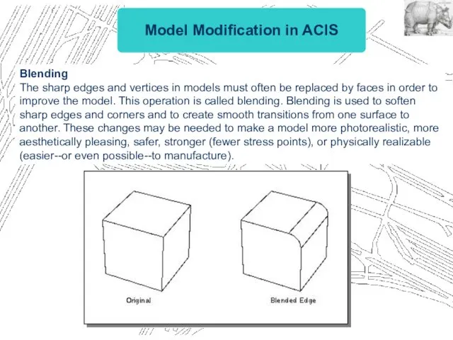Model Modification in ACIS Blending The sharp edges and vertices in models must