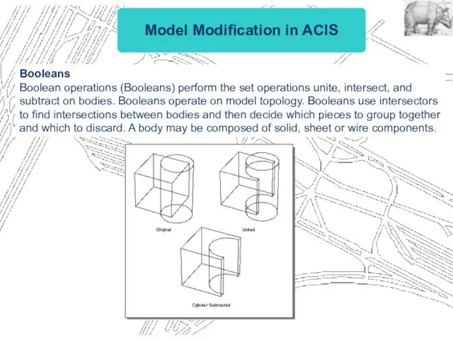 Model Modification in ACIS Booleans Boolean operations (Booleans) perform the set operations unite,