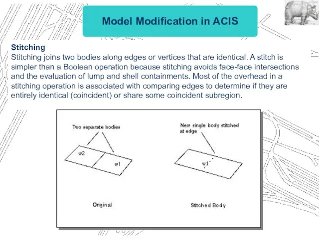 Model Modification in ACIS Stitching Stitching joins two bodies along edges or vertices
