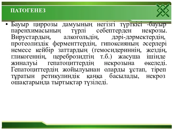 ПАТОГЕНЕЗ Бауыр циррозы дамуының негізгі түрткісі -бауыр паренхимасының түрлі себептерден