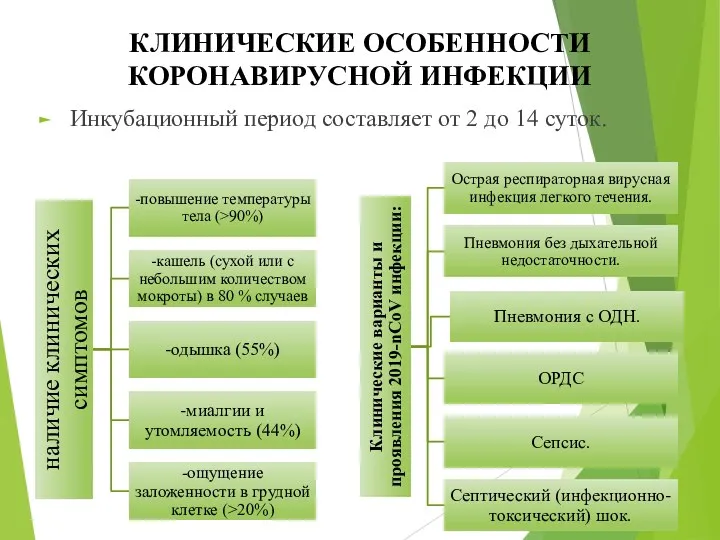 КЛИНИЧЕСКИЕ ОСОБЕННОСТИ КОРОНАВИРУСНОЙ ИНФЕКЦИИ Инкубационный период составляет от 2 до 14 суток.