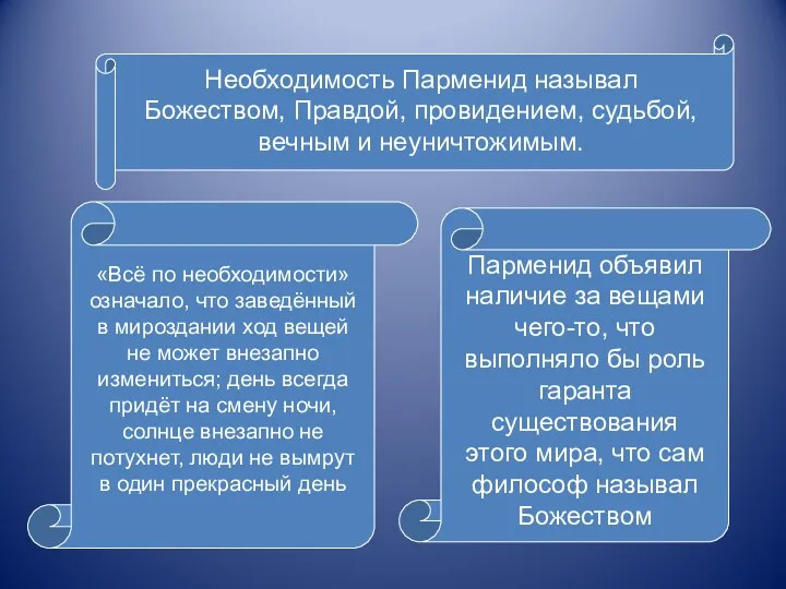 Необходимость Парменид называл Божеством, Правдой, провидением, судьбой, вечным и неуничтожимым.