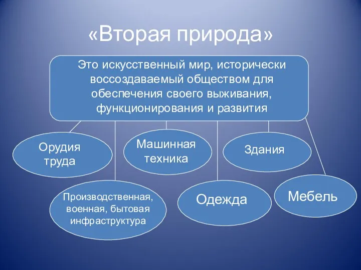 «Вторая природа» Это искусственный мир, исторически воссоздаваемый обществом для обеспечения