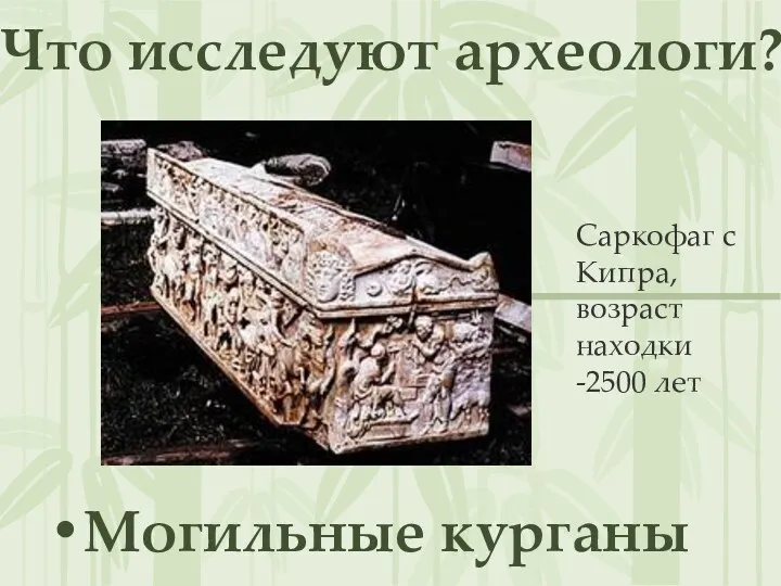 Что исследуют археологи? Могильные курганы Саркофаг с Кипра, возраст находки -2500 лет