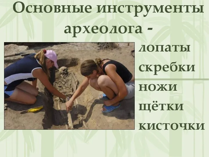 Основные инструменты археолога - лопаты скребки ножи щётки кисточки