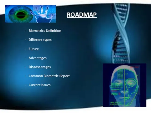 ROADMAP Biometrics Definition Different types Future Advantages Disadvantages Common Biometric Report Current Issues