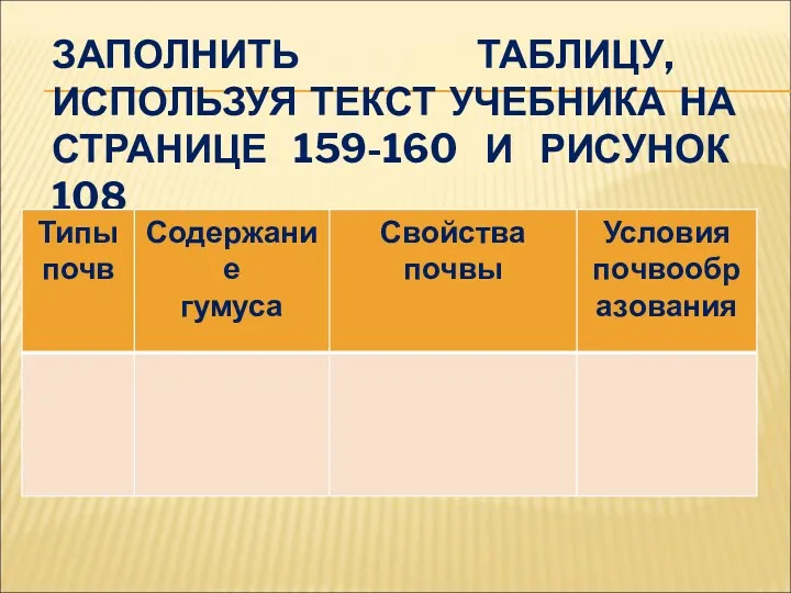 ЗАПОЛНИТЬ ТАБЛИЦУ, ИСПОЛЬЗУЯ ТЕКСТ УЧЕБНИКА НА СТРАНИЦЕ 159-160 И РИСУНОК 108