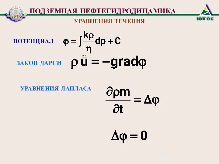 ПОДЗЕМНАЯ НЕФТЕГИДРОДИНАМИКА УРАВНЕНИЯ ТЕЧЕНИЯ ПОТЕНЦИАЛ ЗАКОН ДАРСИ УРАВНЕНИЯ ЛАПЛАСА