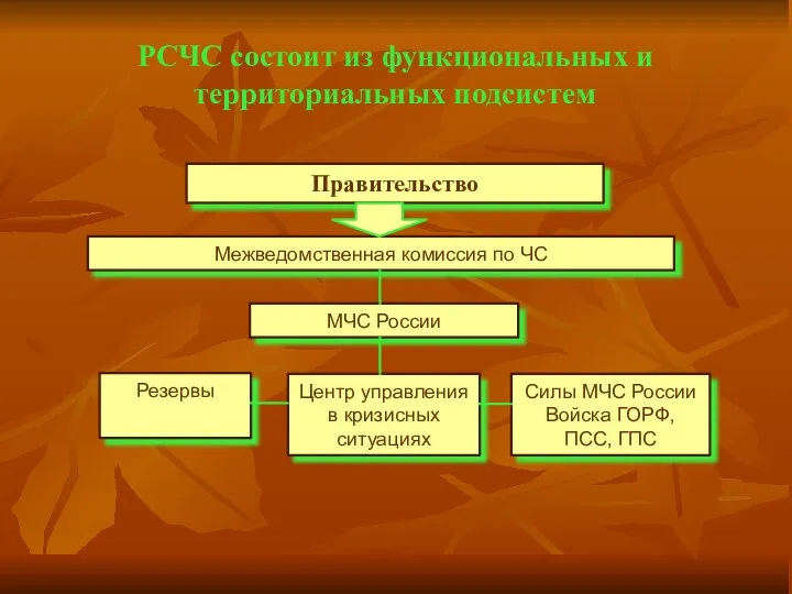 РСЧС состоит из функциональных и территориальных подсистем Правительство Межведомственная комиссия