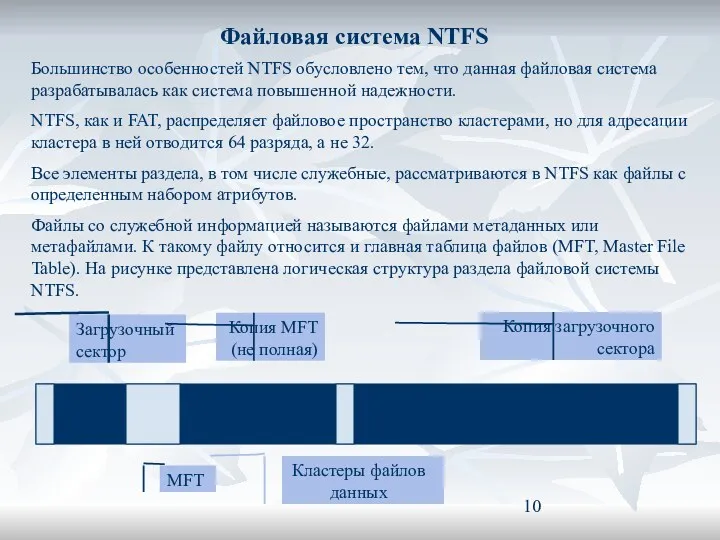 Файловая система NTFS Большинство особенностей NTFS обусловлено тем, что данная файловая система разрабатывалась
