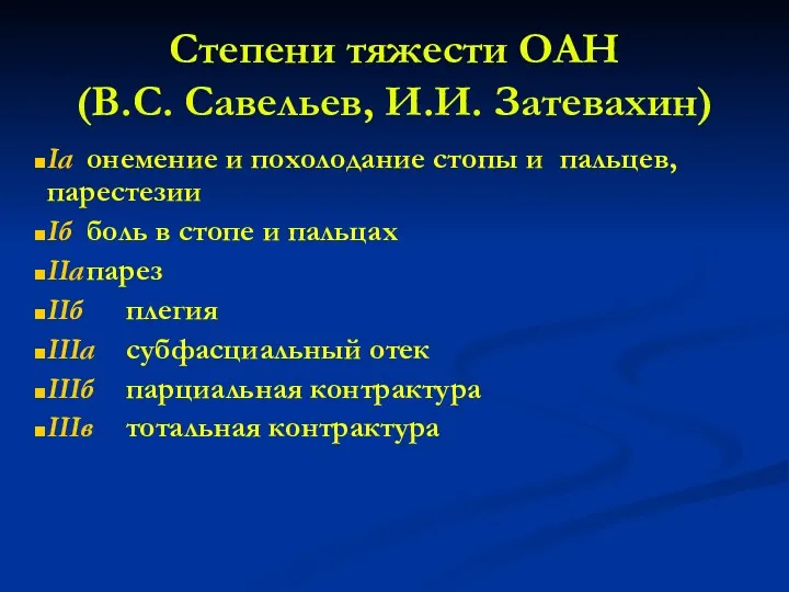 Степени тяжести ОАН (В.С. Савельев, И.И. Затевахин) Iа онемение и