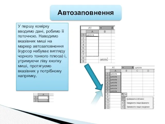 У першу комірку вводимо дані, робимо її поточною. Наводимо вказівник