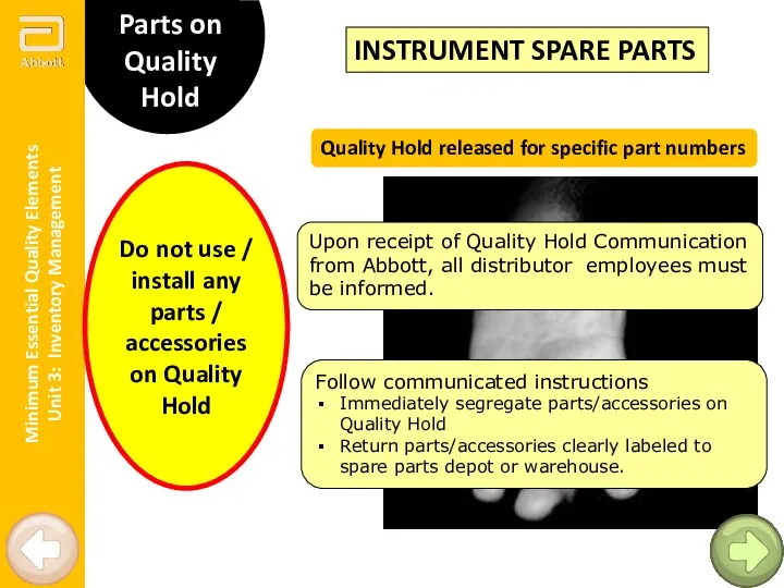 Minimum Essential Quality Elements Unit 3: Inventory Management Parts on