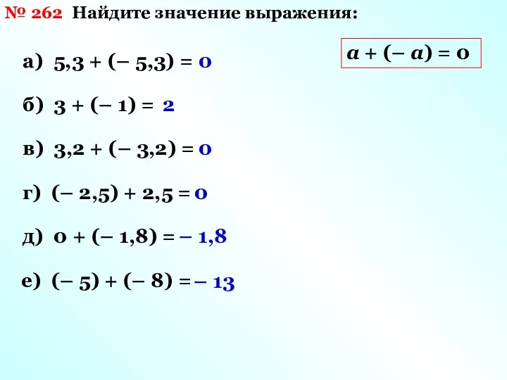 № 262 Найдите значение выражения: а) 5,3 + (– 5,3) = б) 3