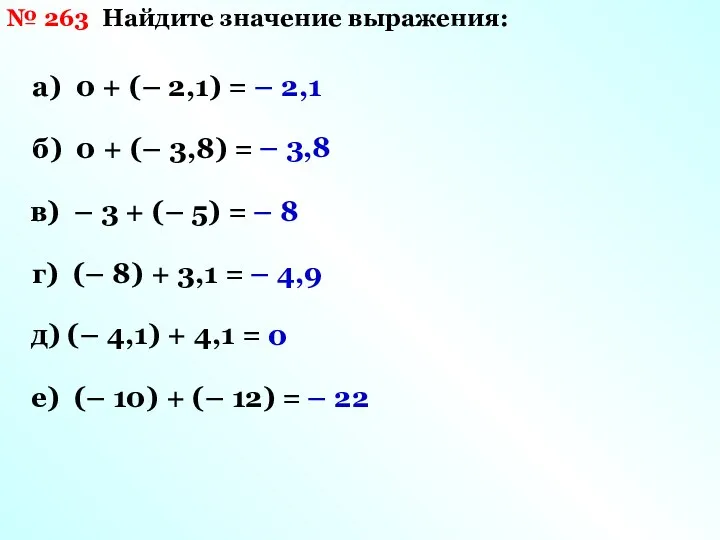 № 263 Найдите значение выражения: а) 0 + (– 2,1) = б) 0