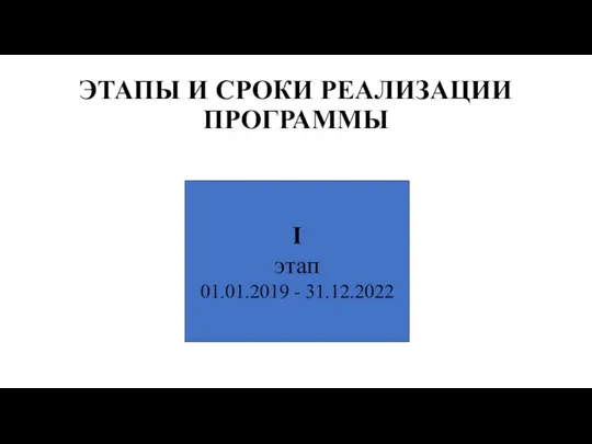 ЭТАПЫ И СРОКИ РЕАЛИЗАЦИИ ПРОГРАММЫ I этап 01.01.2019 - 31.12.2022