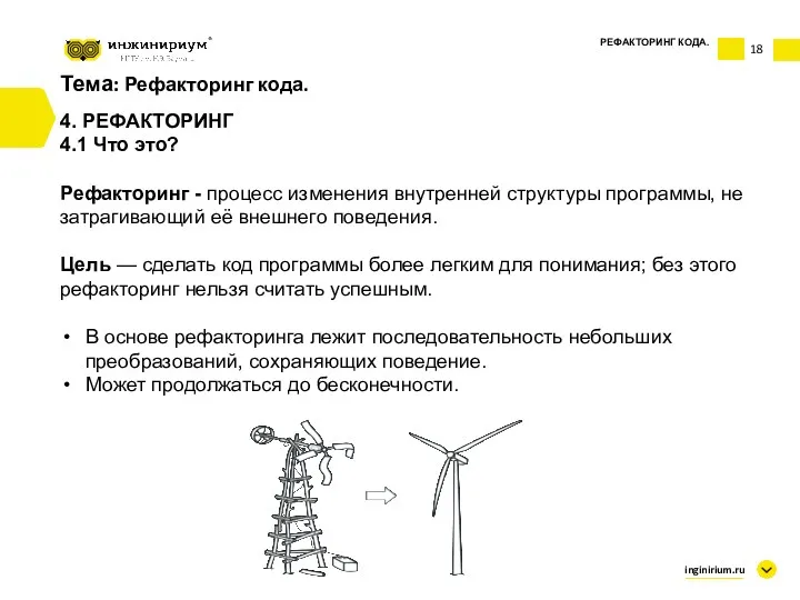 Тема: Рефакторинг кода. 4. РЕФАКТОРИНГ 4.1 Что это? Рефакторинг -