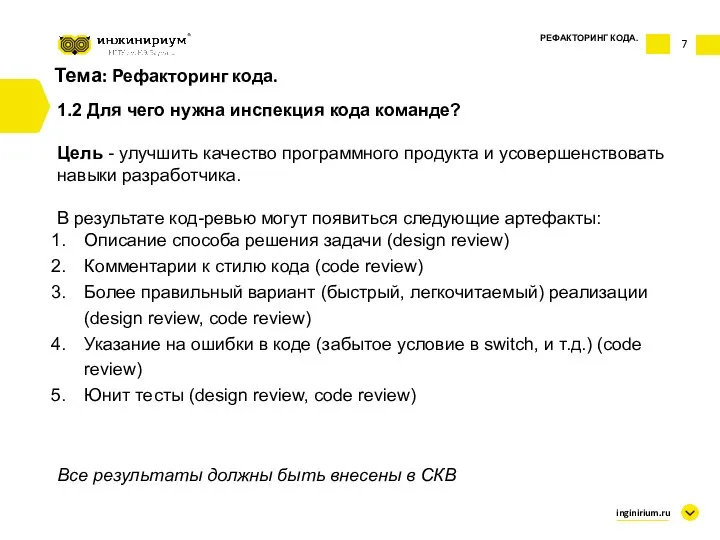 7 Тема: Рефакторинг кода. 1.2 Для чего нужна инспекция кода