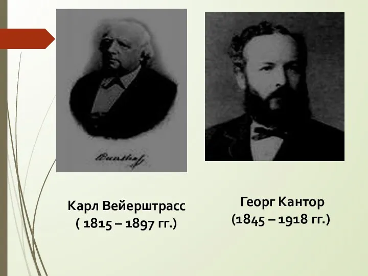 Карл Вейерштрасс ( 1815 – 1897 гг.) Георг Кантор (1845 – 1918 гг.)