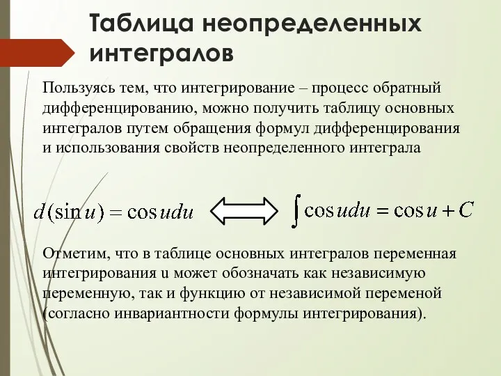 Таблица неопределенных интегралов Пользуясь тем, что интегрирование – процесс обратный